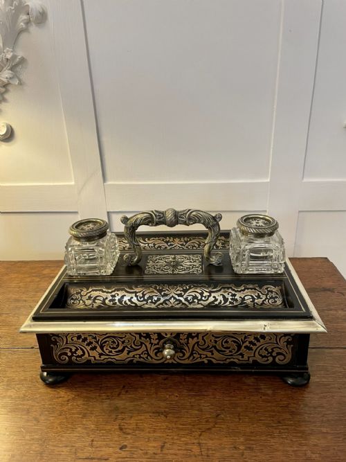 FINE QUALITY ANTIQUE VICTORIAN FRENCH FREESTANDING INLAID BOULLE DESK SET