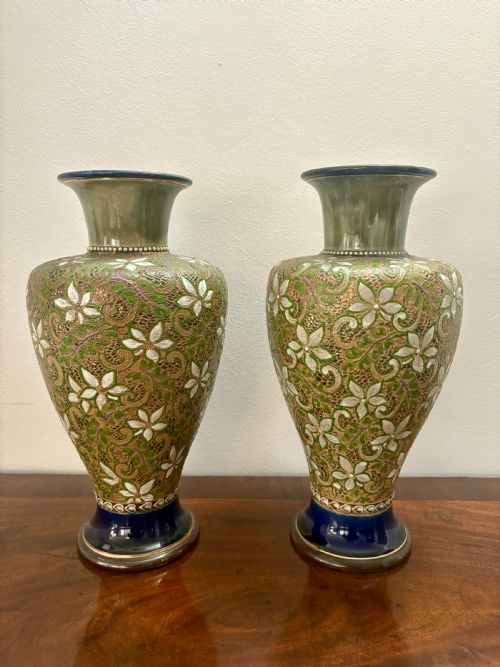 PAIR OF ANTIQUE VICTORIAN QUALITY DOULTON SLATER STONEWARE VASES