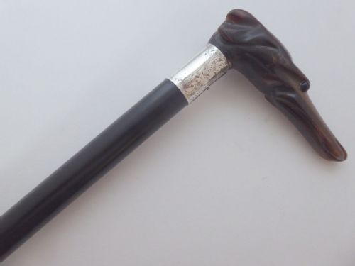 HOUND DOG WALKING STICK CANE 1921 HALLMARKED SOLID SILVER COLLAR EBONY SHAFT