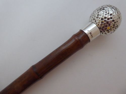 VICTORIAN WALKING STICK CANE 1896 HALLMARKED SOLID SILVER GOLF BALL POMMEL BAMBOO SHAFT