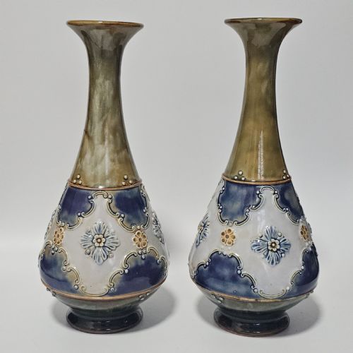 FINE QUALITY PAIR OF EARLY ART NOUVEAU DOULTON LAMBETH CLUB SHAPED VASES C1900