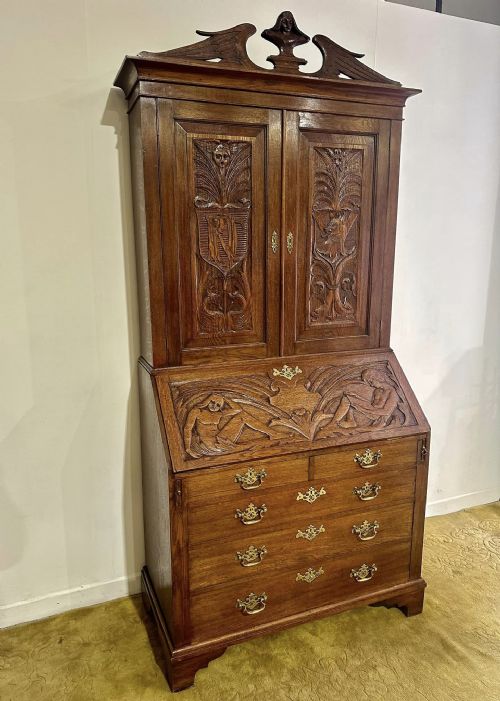 VICTORIAN CARVED OAK BUREAU BOOKCASE