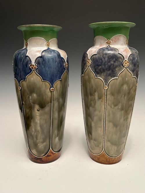 LARGE PAIR OF ROYAL DOULTON STONEWARE VASES BY FLORRIE JONES