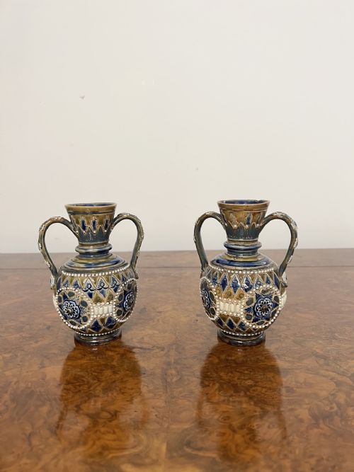 FINE QUALITY PAIR OF QUALITY ANTIQUE VICTORIAN DOULTON LAMBETH SMALL VASES