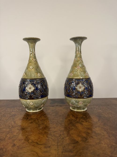 OUTSTANDING QUALITY PAIR OF ANTIQUE ART NOUVEAU ROYAL DOULTON STONEWARE BALUSTER VASES BY LOUISA WAKELY