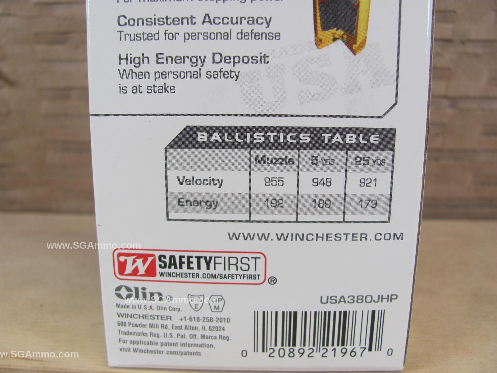 50 Round Box - 380 Auto 95 Grain Jacketed Hollow Point Winchester ...