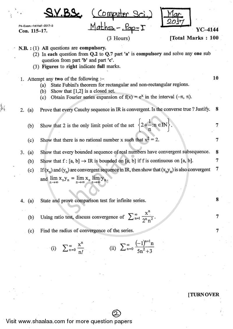 Mathematics 1 2016-2017 B.Sc Computer Science (IDOL) (Correspondence) 2nd Year (SYBSc) question ...