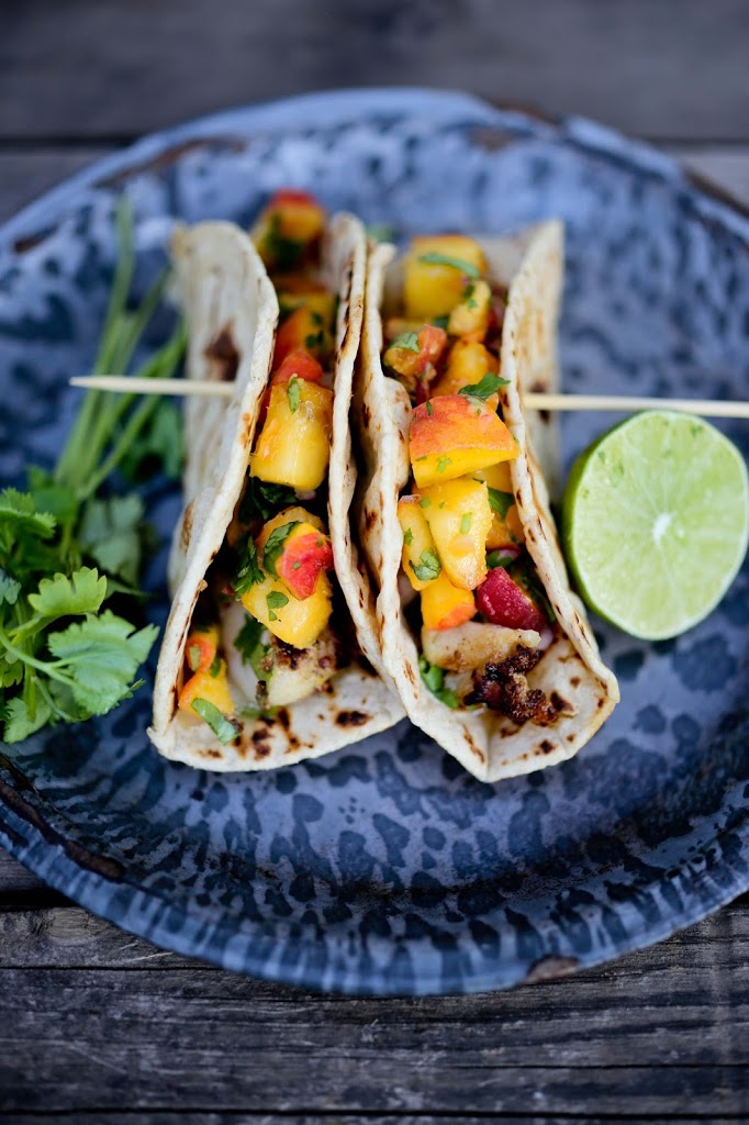 grilled chipotle fish tacos with fresh peach salsa