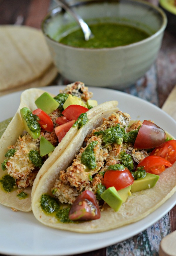 Crispy eggplant tacos with cilantro sauce