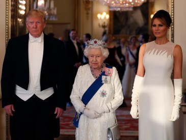 LONDON, ENGLAND - JUNE 03: (L-R) Queen Elizabeth II (C), poses for a photo with U.S. President Donald Trump (L) and First Lady Melania Trump (R) ahead of a State Banquet at Buckingham Palace on June 3, 2019 in London, England. President Trump's three-day state visit will include lunch with the Queen, and a State Banquet at Buckingham Palace, as well as business meetings with the Prime Minister and the Duke of York, before travelling to Portsmouth to mark the 75th anniversary of the D-Day landings.