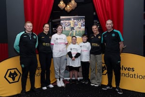 Sporting Chance participants Scarlett, Jenson and Harry are joined by Foundation staff Mark Bromley and Gavin Jones, and Wolves Women players Anna Morphet (also a Foundation ambassador) and Tammi George.