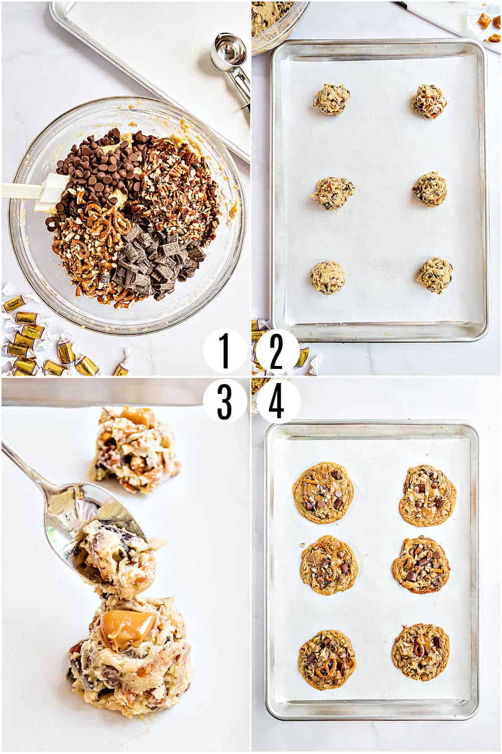 Step by step photos showing how to make kitchen sink cookies.