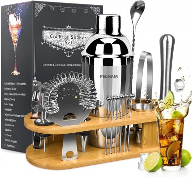 Cocktail Shaker Set 750ml Stainless Steel Bar Tools Set with Bamboo Stand Premium Bar tendering Tool for Home