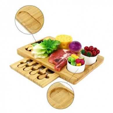 Large Wood Cheese Platter Gift Charcuterie Board Set Unique Bamboo Cheese Board with Cutlery Set and Ceramic Bowls