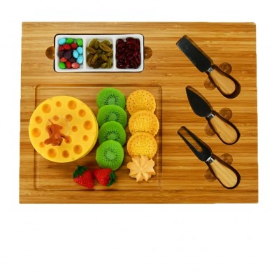 Hot Selling Food Grade Epoxy Bamboo Wooden Charcuterie Cheese Platter Board Knife Set With Wine Opener Sauce Dish