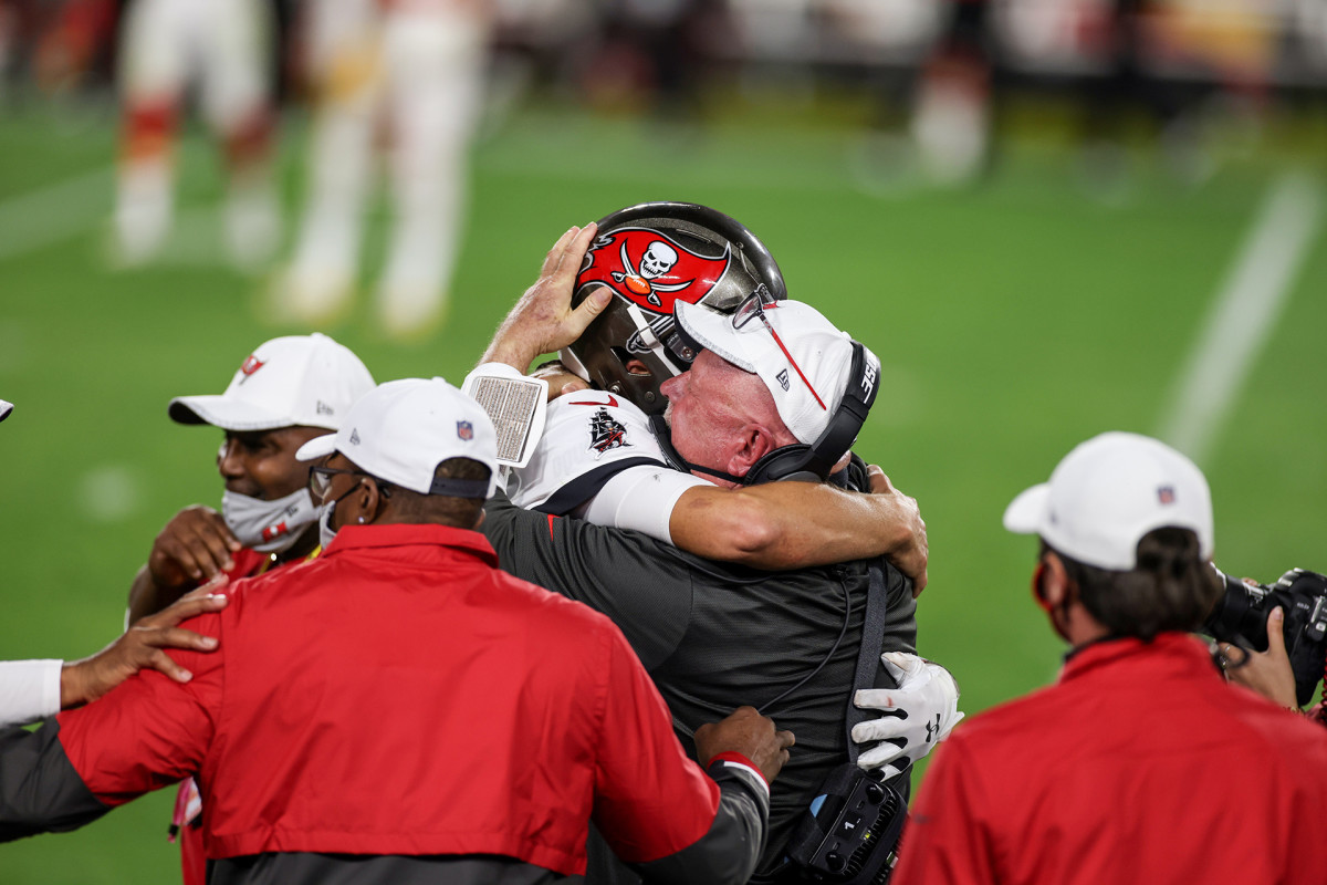 Tom Brady and Bruce Arians embrace after winning Super Bowl LV