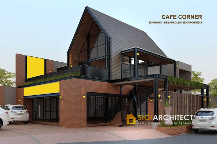 DESAIN CAFE CORNER MODERN MINIMALIS 2 LANTAI STRUKTUR BAJA WF