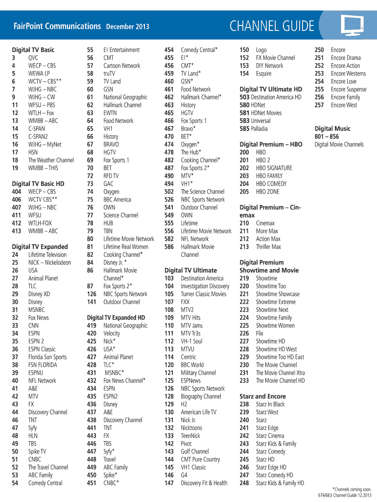 Printable Spectrum Channel Guide