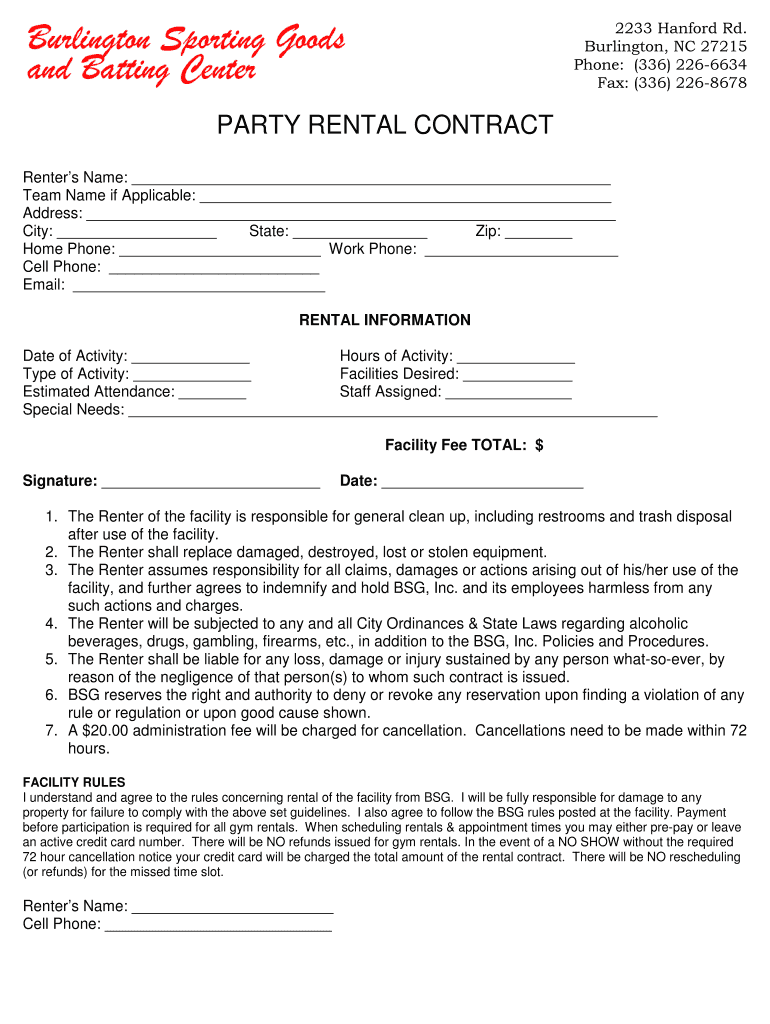 Printable Party Rental Contract Template