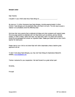 Food Allergy Letter to Teacher  Form