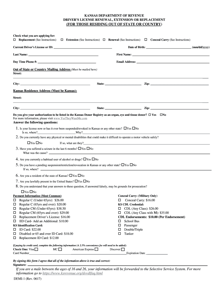  Driver's License Renewal, Extension or Replacement  Kansas 2017