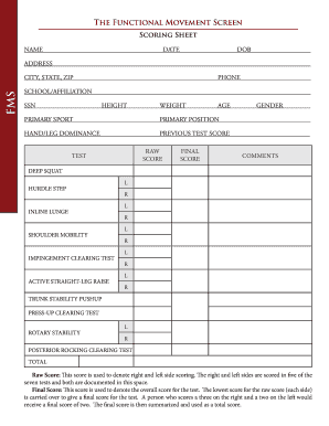 Fms Score Sheet Fill Online, Printable, Fillable, Blank