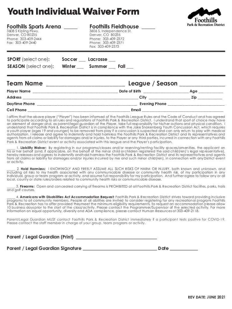 Youth Sports Waiver Template