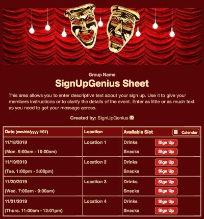 drama play theater mask stage curtain performance crimson theatre sign up form