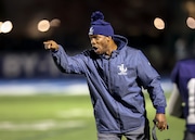 St. Joseph by-the Sea head coach Tressor Baptiste shouts instructions to his troops as his Vikings take on Fordham Prep in a CHSFL AA-1 playoff game at Viking Park Joe Ryan Memorial Field, Huguenot on Friday, Nov. 15, 2024. (Staten Island Advance/Jason Paderon)