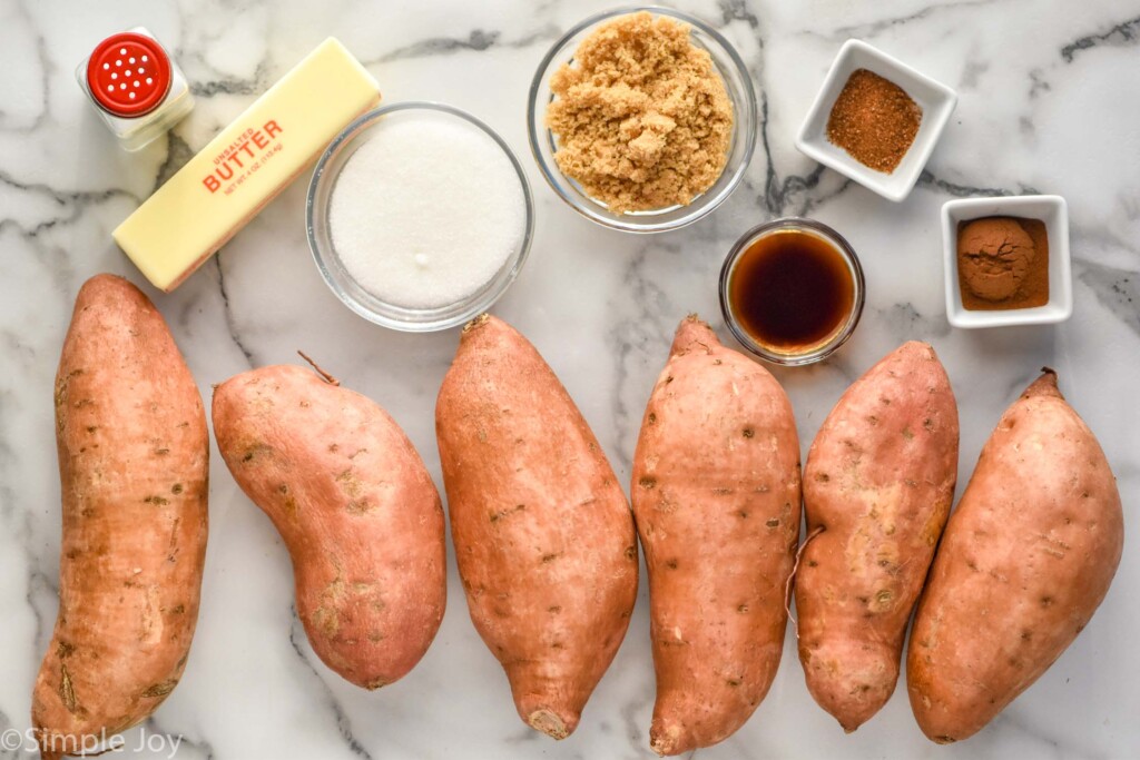 overhead photo of salt, butter, sugar, brown sugar, vanilla, cinnamon, nutmeg, and six sweet potatoes