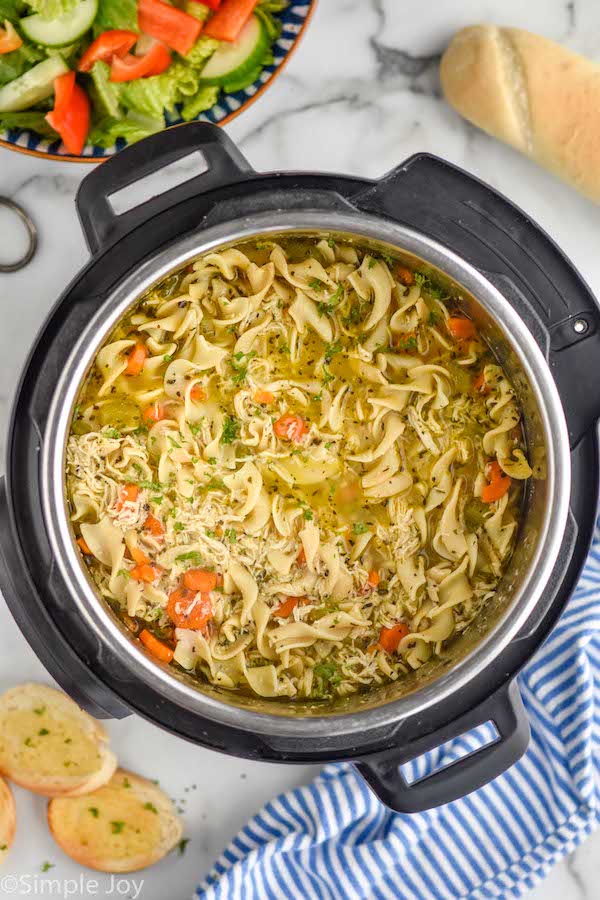 Overhead phot of Instant Pot Chicken Noodle Soup recipe in an instant pot.