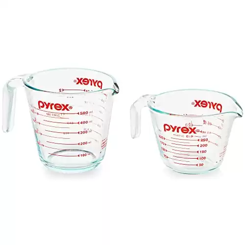 Pyrex 2 Piece Glass Measuring Cup Set, Includes 1-Cup, and 2-Cup Tempered Glass Liquid Measuring Cups, Dishwasher, Freezer, Microwave, and Preheated Oven Safe, Essential Kitchen Tools