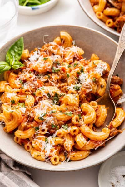 Beefaroni in bowl with spoon