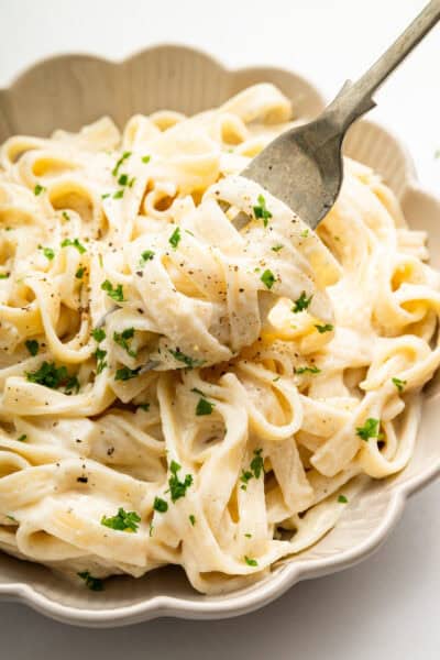 Fettuccine with cottage cheese Alfredo sauce