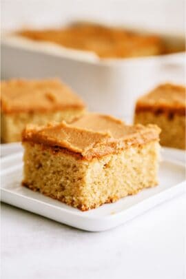 A slice of Peanut Butter Sheet Cake on a plate