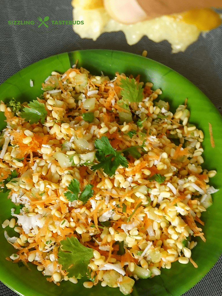 Moong dal Kosambari is a light salad made with split green gram and served as a salad or Prasad during Festivals. Sometimes, grated carrot or minced cucumber is also added to this.