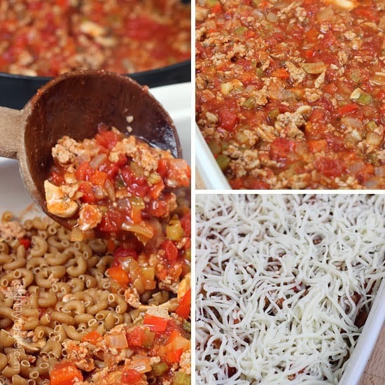 This super easy macaroni casserole is a baked pasta dish with ground turkey, veggies, marinara sauce and cheese. Kid-friendly and no need to pre-cook the pasta!