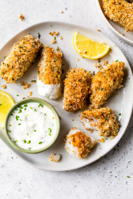 Baked Fish Sticks with Lemon Caper Sauce