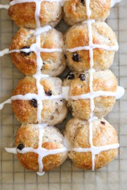 Easy Hot Cross Buns using this easy dough from my Bagel Recipe. No yeast, no boiling, no fancy mixer. Bake them in the oven or in the air-fryer!