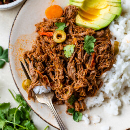 Ropa Vieja with rice and avocado