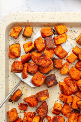 Roasted Sweet Potatoes on a baking sheet.