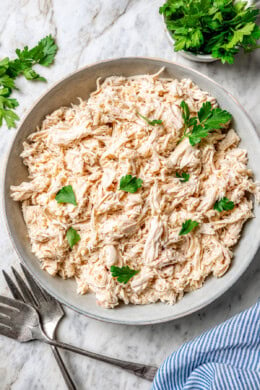 Crockpot shredded chicken in bowl