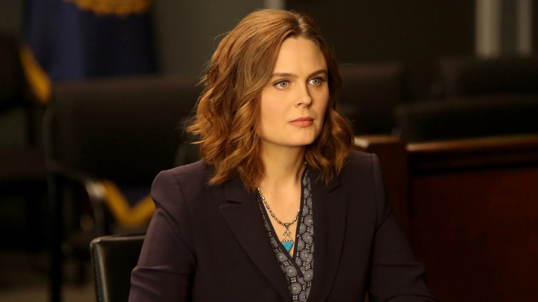 Emily Deschanel as Temperance Brennan wearing a black suit jacket on Bones