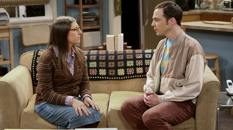 Mayim Bialik as Amy and Jim Parsons as Sheldon on The Big Bang Theory