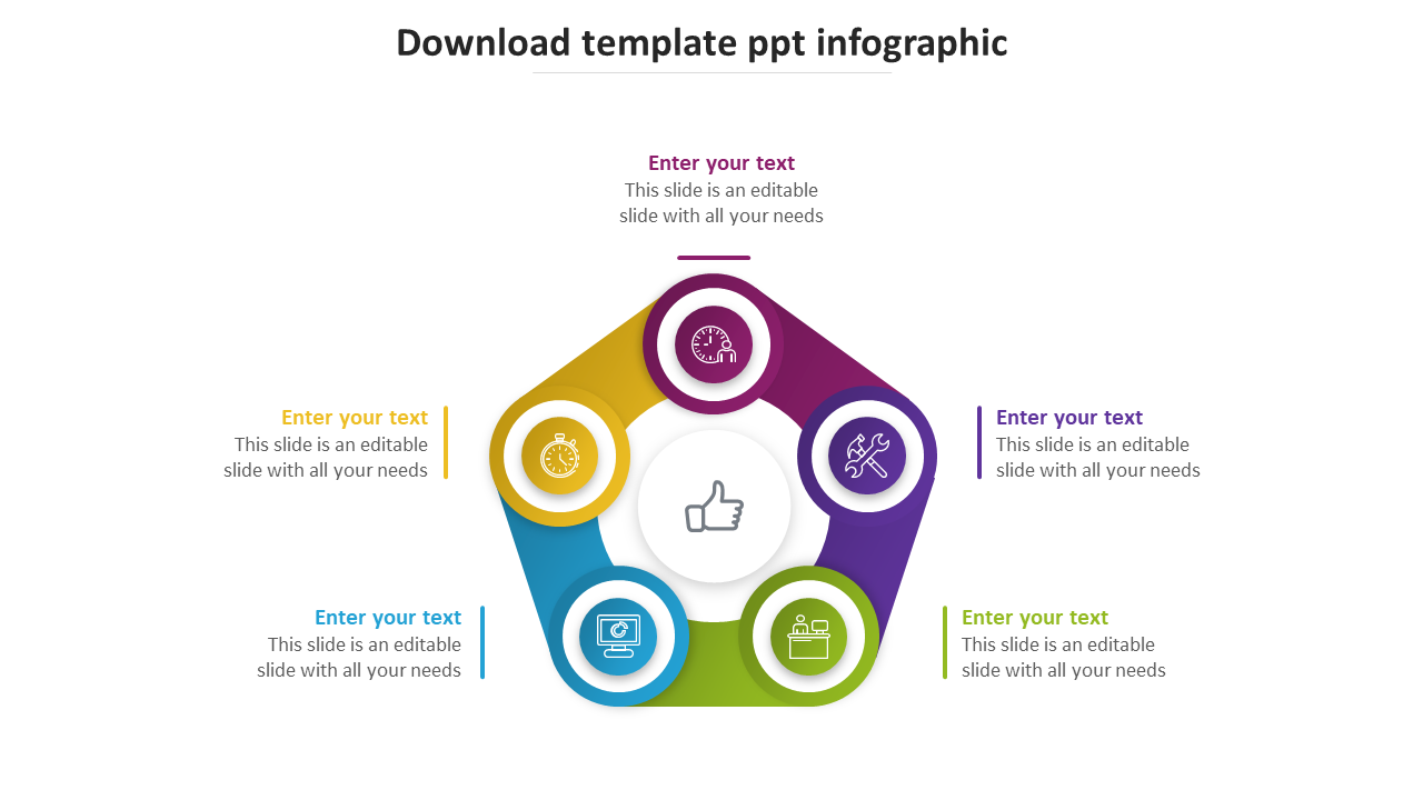 Pentagonal infographic layout with colorful sections in blue, yellow, green, purple, and maroon encircling a central icon.