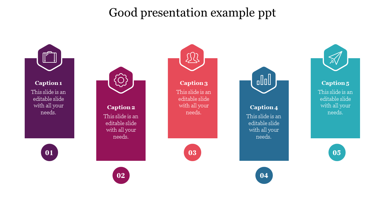 Slide with five text boxes in different colors, icons, captions, and numbered circles on a white background and a title text.