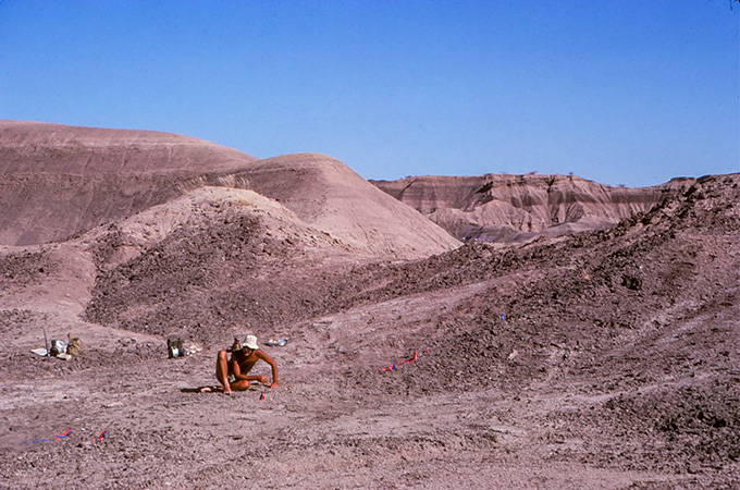 A shirtless man with a hat on sits amongst large dunes