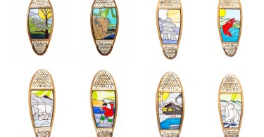 compilation of snowshoes with stained glass art