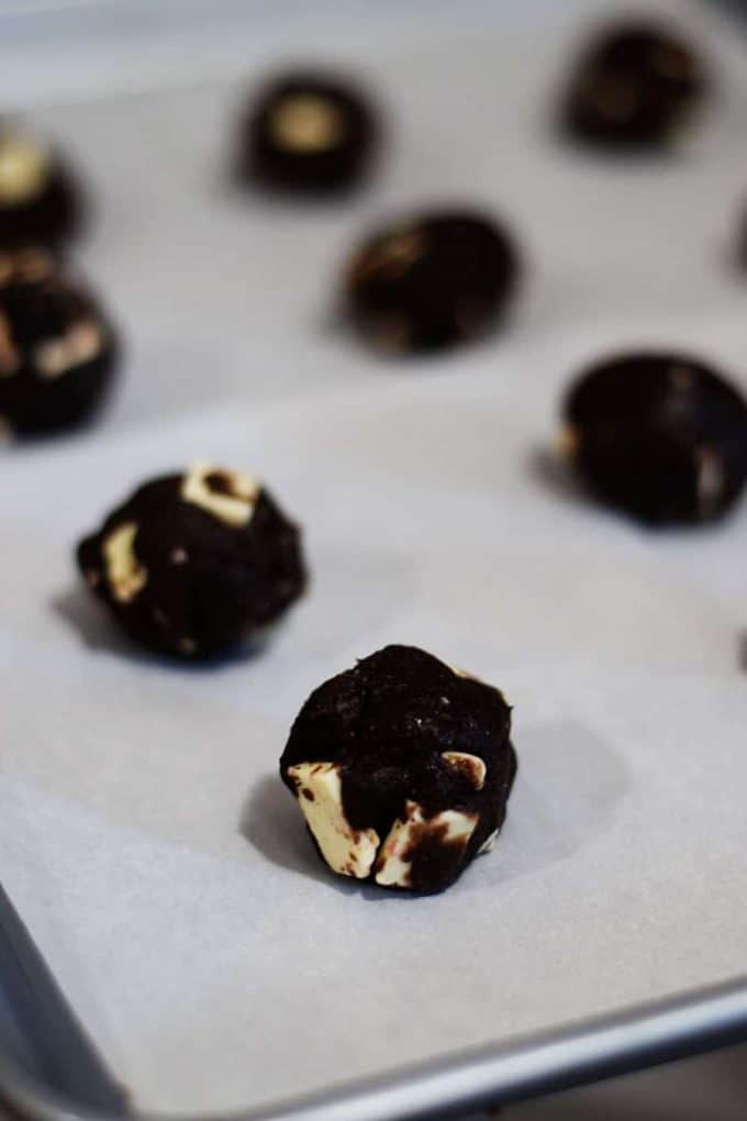 a closeup of chocolate oreo peppermint cake mix cookie dough