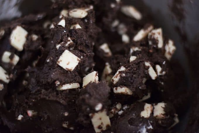 a closeup of chocolate oreo peppermint cake mix cookie dough